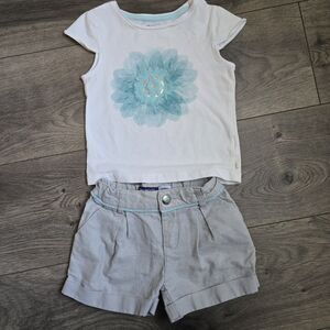 Okaïdi Girls 3Y Linen Cotton Flower Tee & Gray Shorts Set | Summer Outfit 98cm